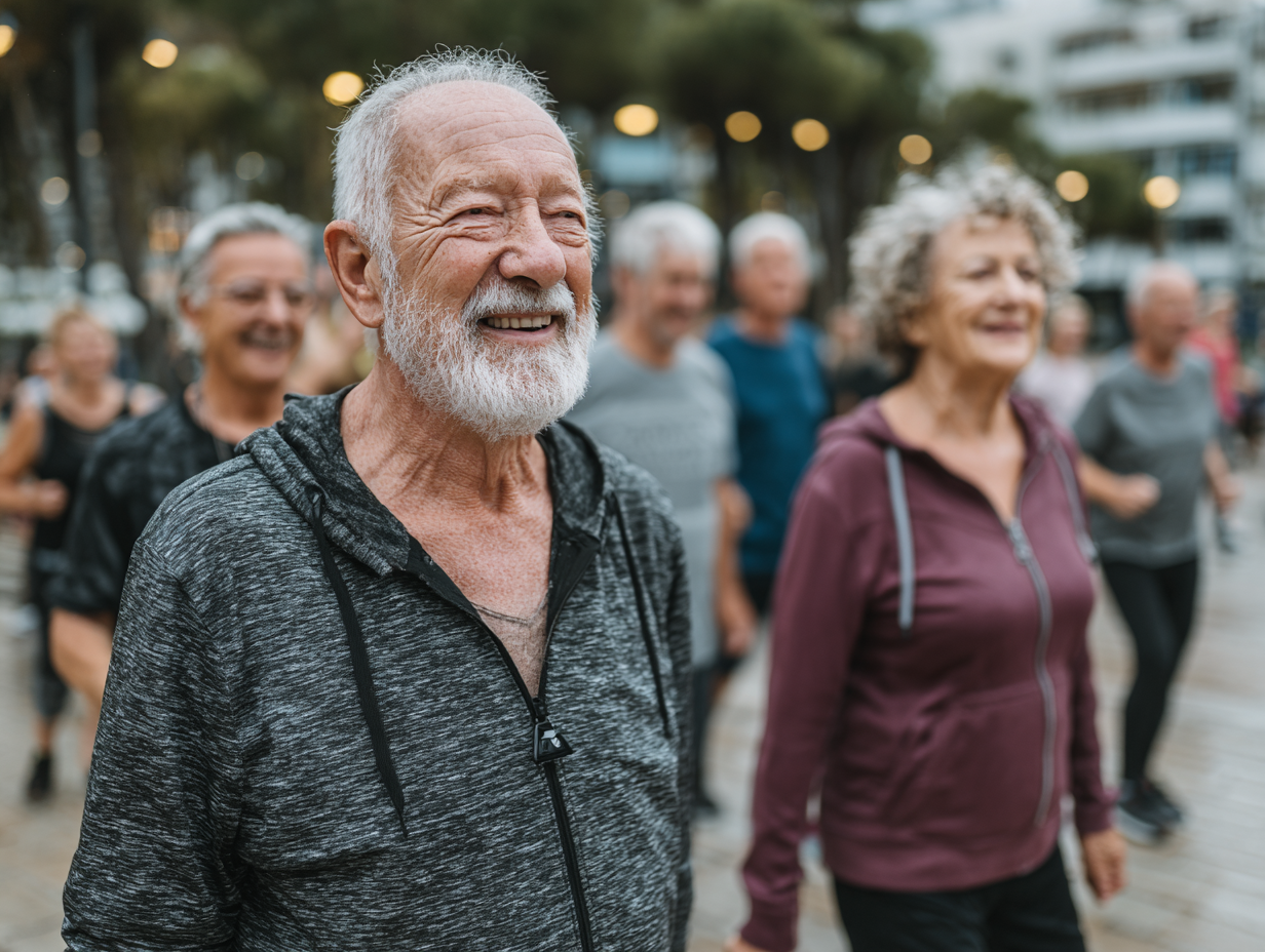Grup de adulți maturi făcând exerciții împreună într-un mediu prietenos și motivant